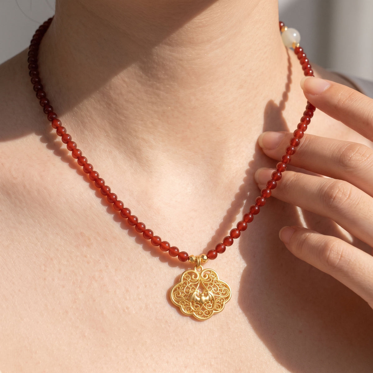 Natural Vibrant Carnelian & Exquisite 24K Gold Filigree Double-Loop Harmony Collarchain: Versatile Necklace — Gangdishé Peak