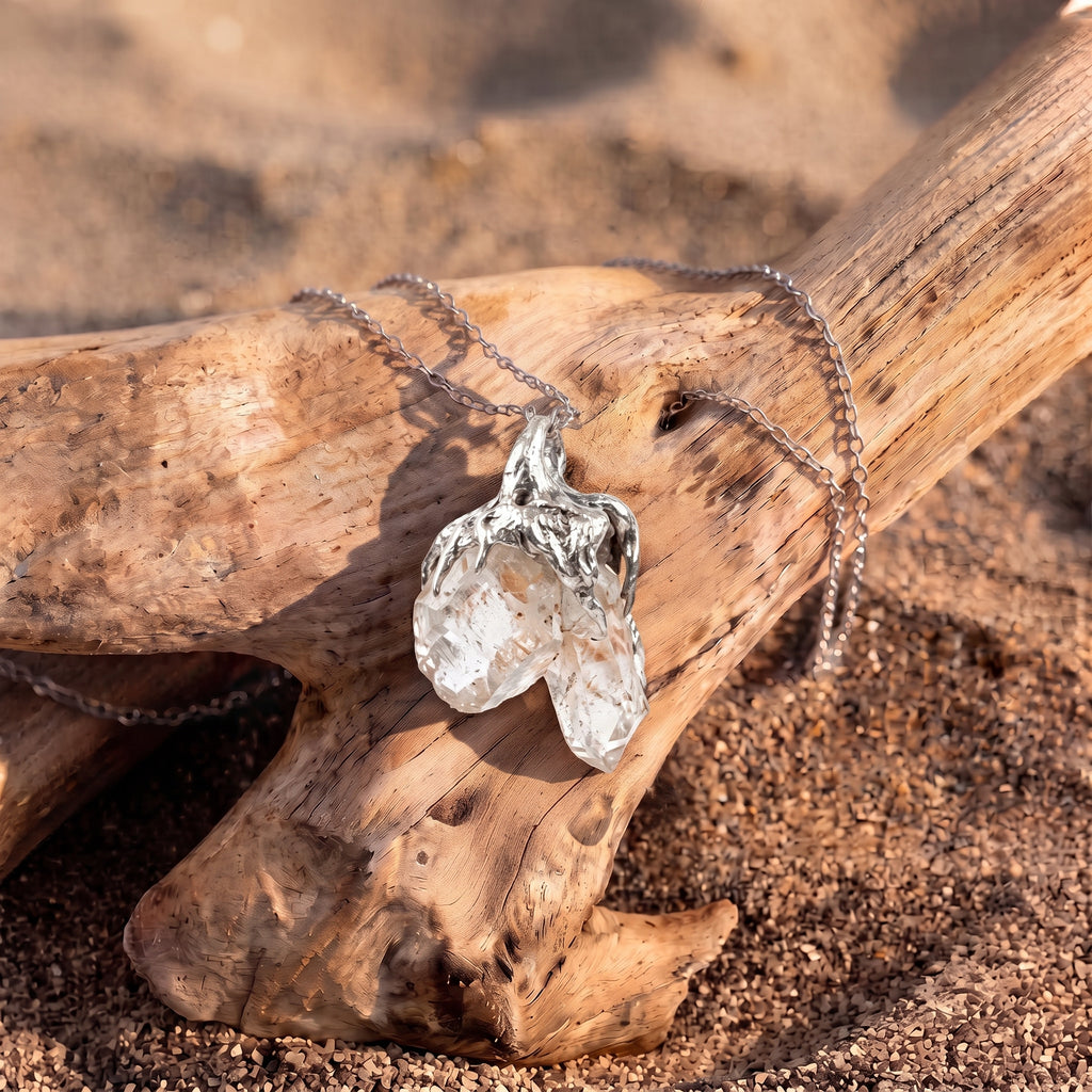 Double Quartz Crystal Cluster Pendant | Antique Silver Copper Molten Claw Gothic Necklace