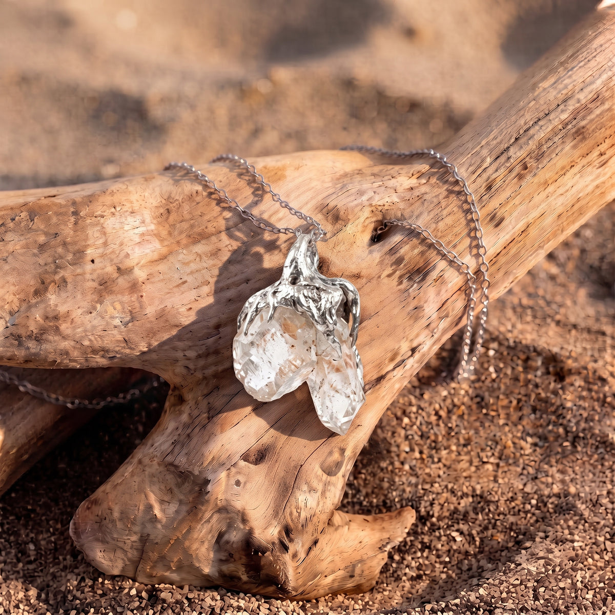 Double Quartz Crystal Cluster Pendant | Antique Silver Copper Molten Claw Gothic Necklace