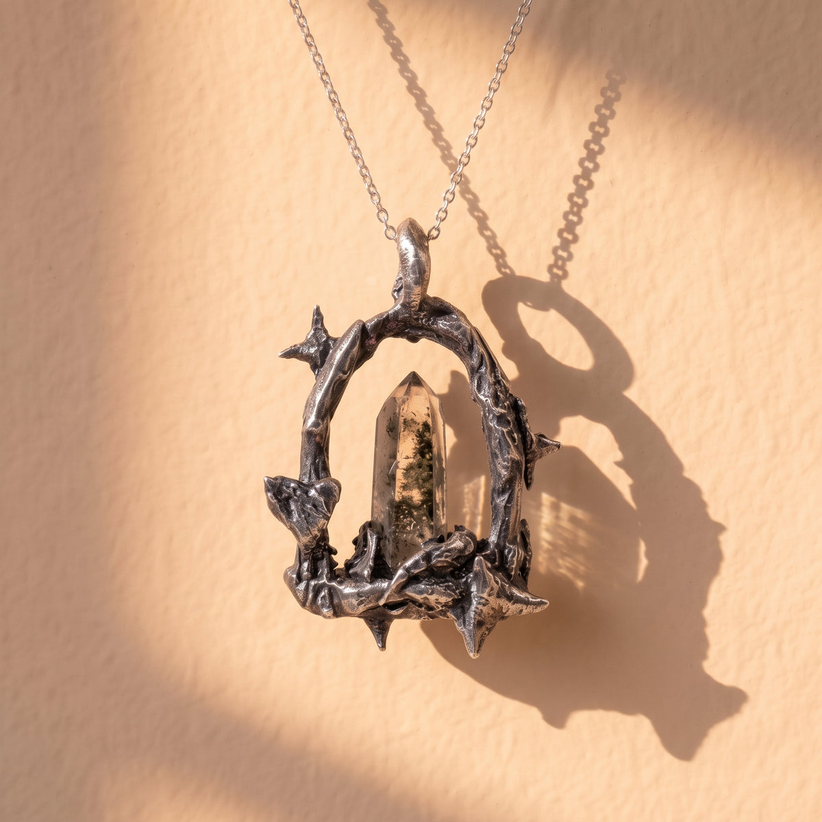 Garden Phantom Quartz Crystal Frame Pendant | Antique Silver Copper Thorn & Star Necklace