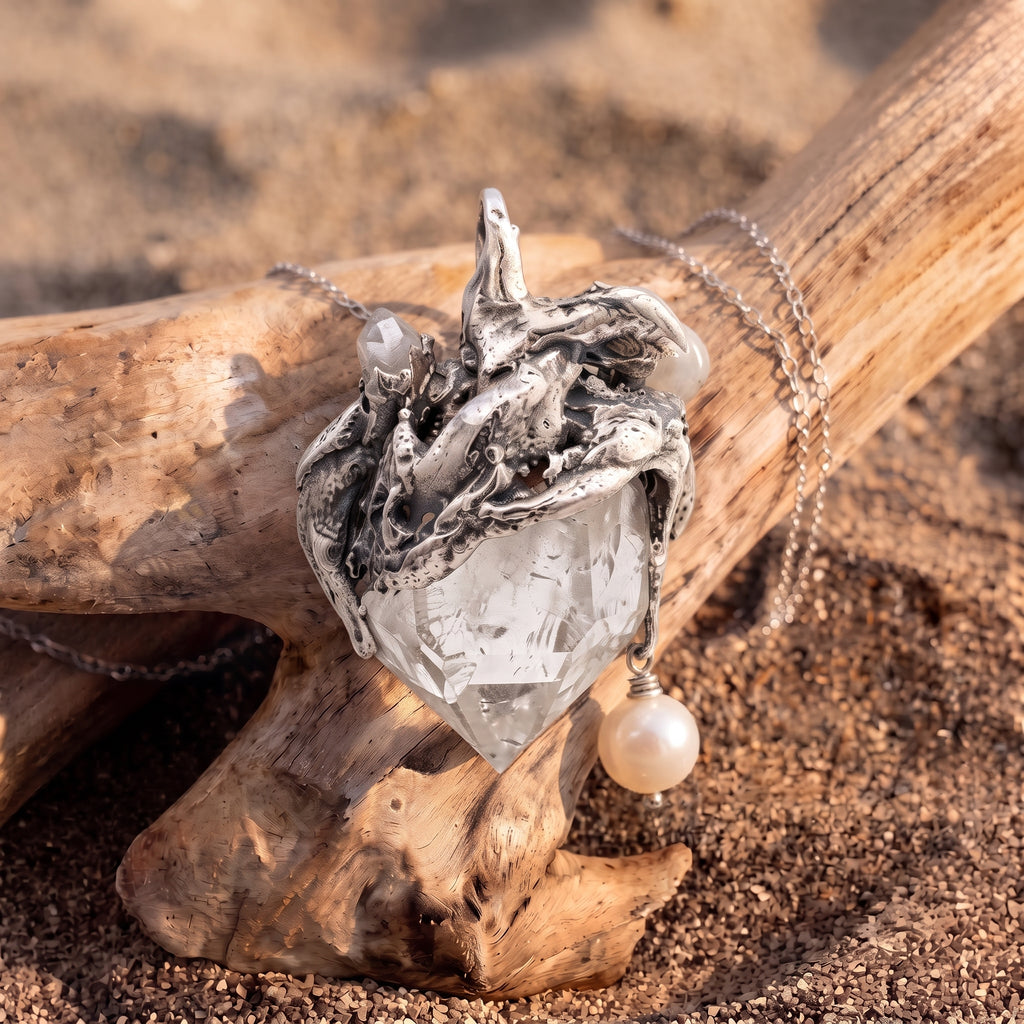 Clear Quartz Cluster Pendant | Antique Silver Copper Pearl & Molten Gothic Necklace