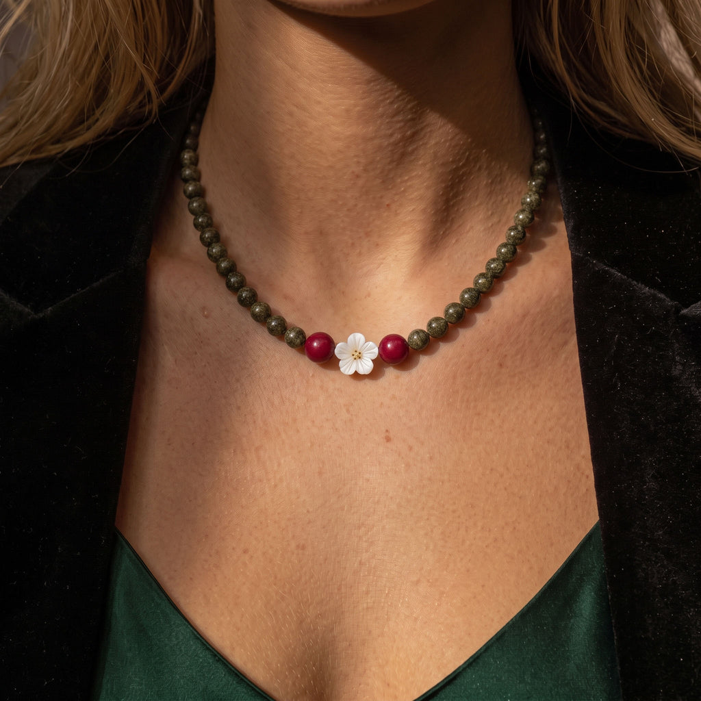 Artisanal Green Ebony & Red Stone Collarchain with Mother-of-Pearl Flower: Double-Loop Versatile Wooden Necklace — Himalayan Ridge