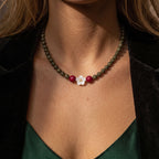 Artisanal Green Ebony & Red Stone Collarchain with Mother-of-Pearl Flower: Double-Loop Versatile Wooden Necklace — Himalayan Ridge