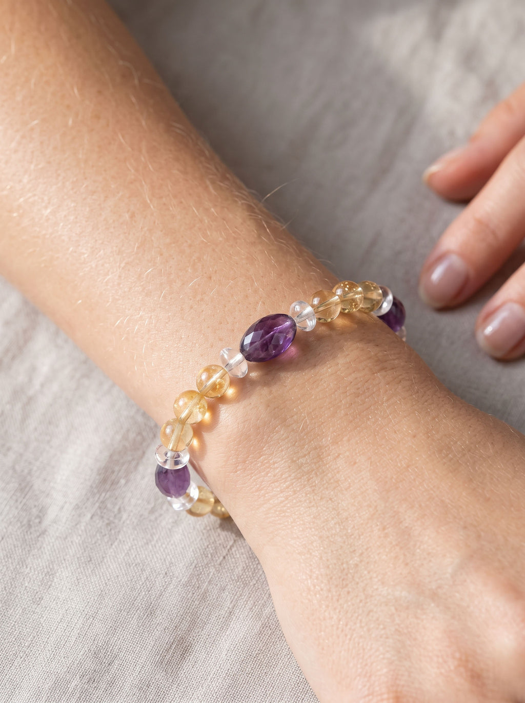 Natural Lemon Quartz, Citrine, and Amethyst Bead Bracelet, Radiant Vitality & Serene Elegance Gemstone Jewelry