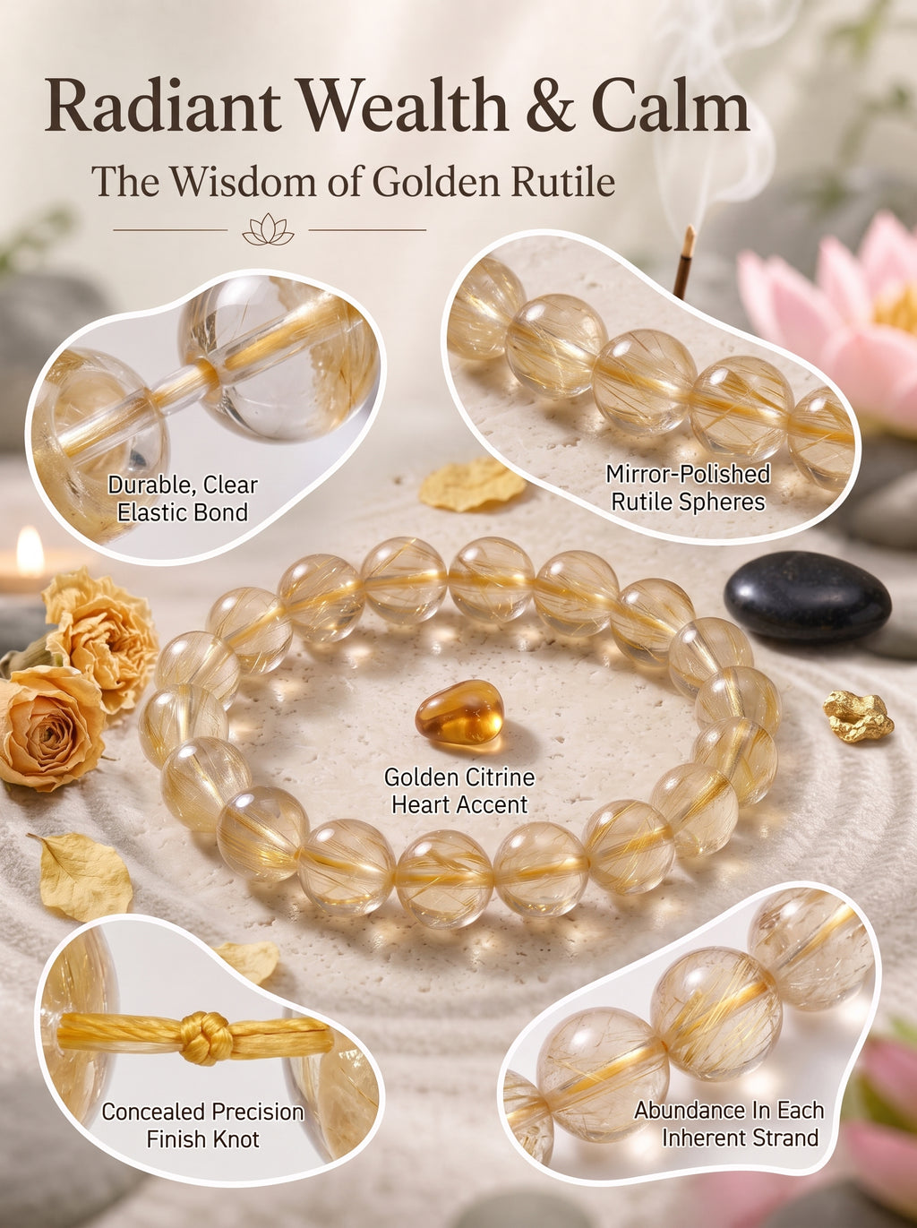 Premium Yellow Hematoid Quartz Beaded Bracelet | Hand-Polished Natural Gemstone Jewelry for Energy & Manifestation