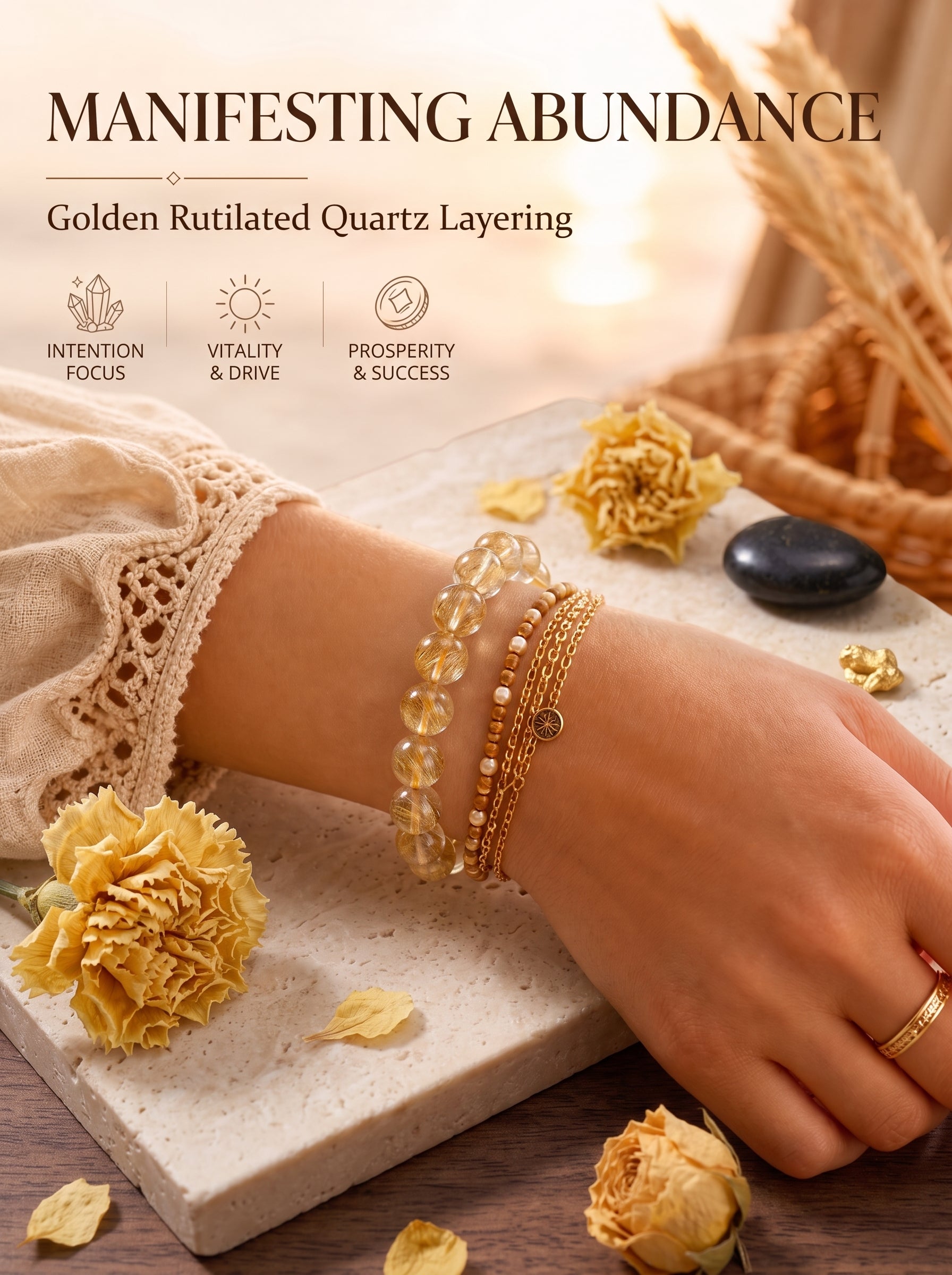 Premium Yellow Hematoid Quartz Beaded Bracelet | Hand-Polished Natural Gemstone Jewelry for Energy & Manifestation
