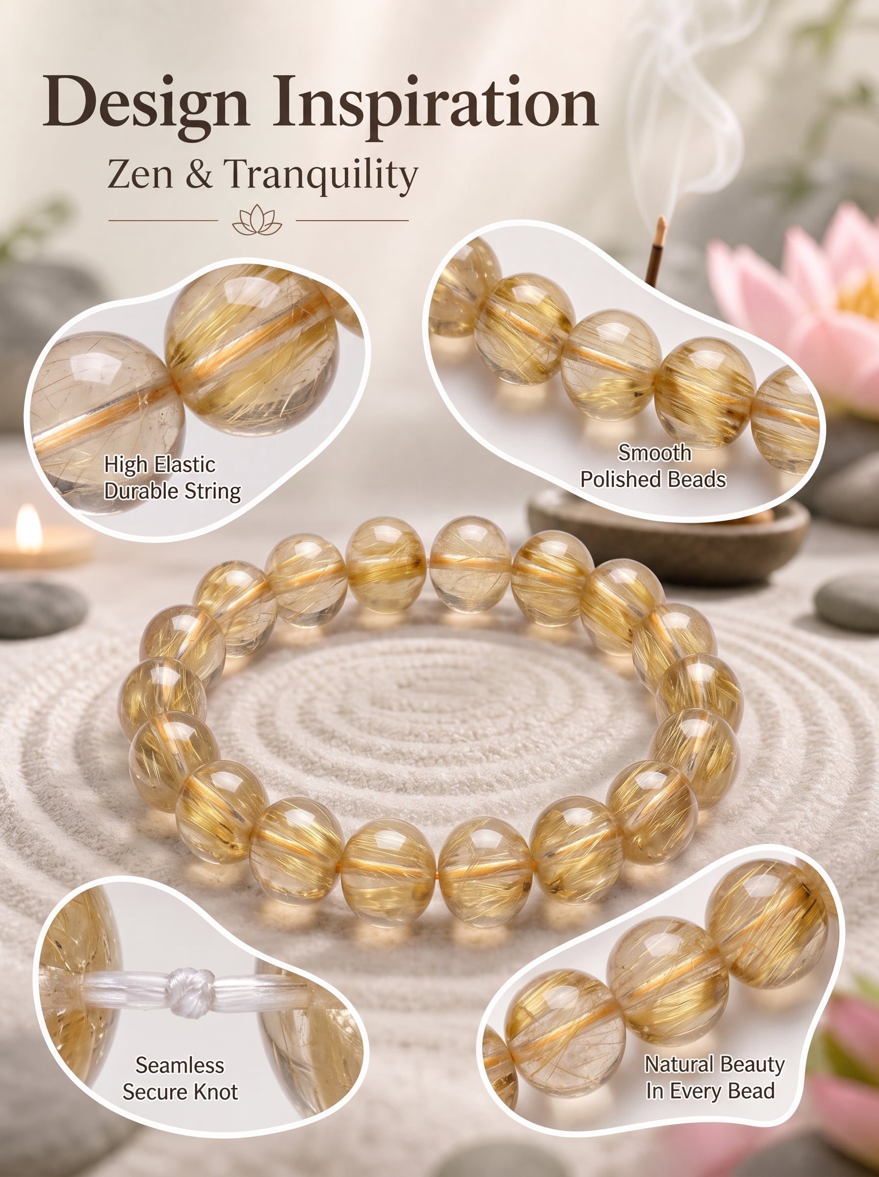 Premium Golden Rutilated Quartz Beaded Bracelet | Hand-Polished Natural Gemstone Jewelry for Abundance & Success