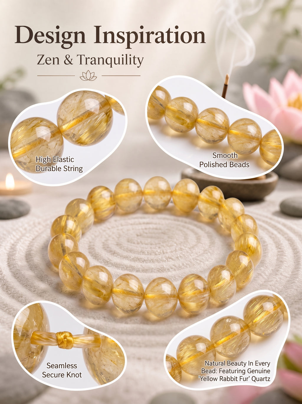 Premium Yellow Rabbit Hair Quartz Bracelet | Hand-Polished Natural Gemstone Jewelry for Joy & Prosperity