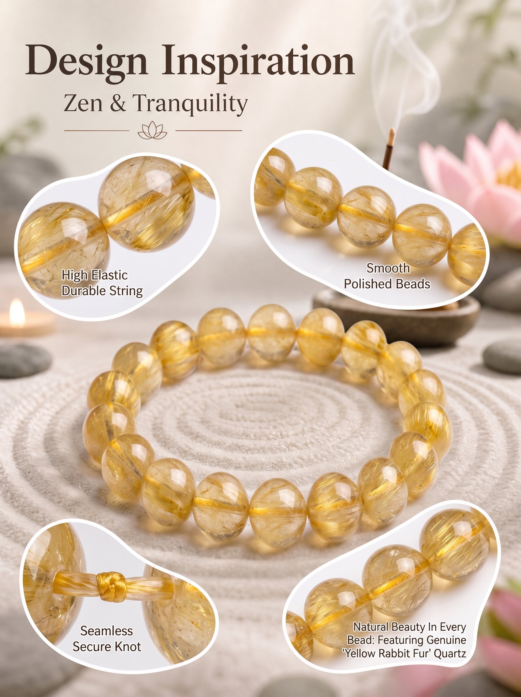 Premium Yellow Rabbit Hair Quartz Bracelet | Hand-Polished Natural Gemstone Jewelry for Joy & Prosperity
