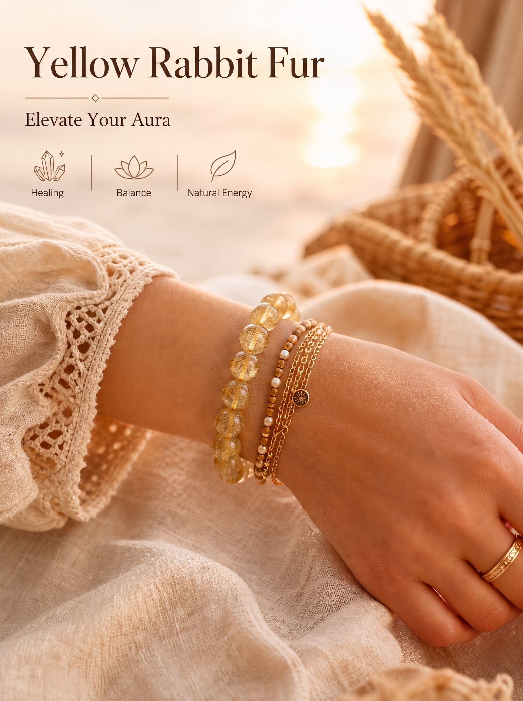 Premium Yellow Rabbit Hair Quartz Bracelet | Hand-Polished Natural Gemstone Jewelry for Joy & Prosperity