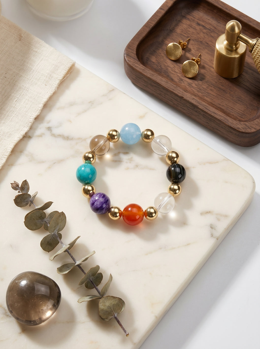 Gemini Multi-Dimensional Manifestation Crystal Bracelet | Green Phantom & Gold Rutilated Talisman