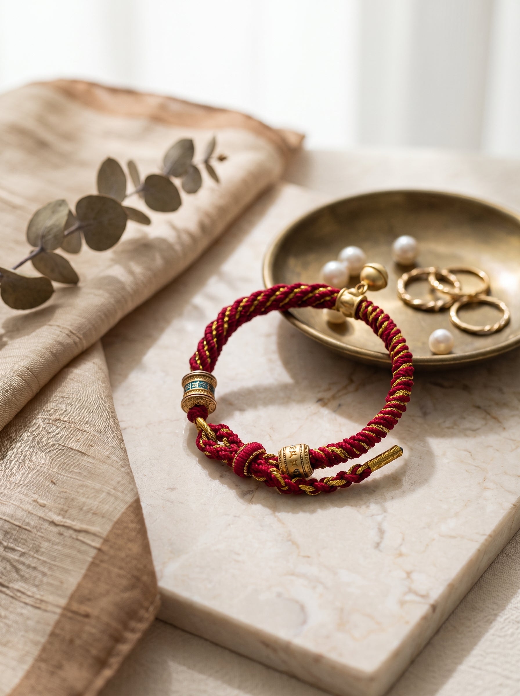 "Vajra Shield" Tibetan Handcrafted Amulet Cord: Pure Gold Thread Knot, Cinnabar/Meteoric Iron Matrix for Executive Protection