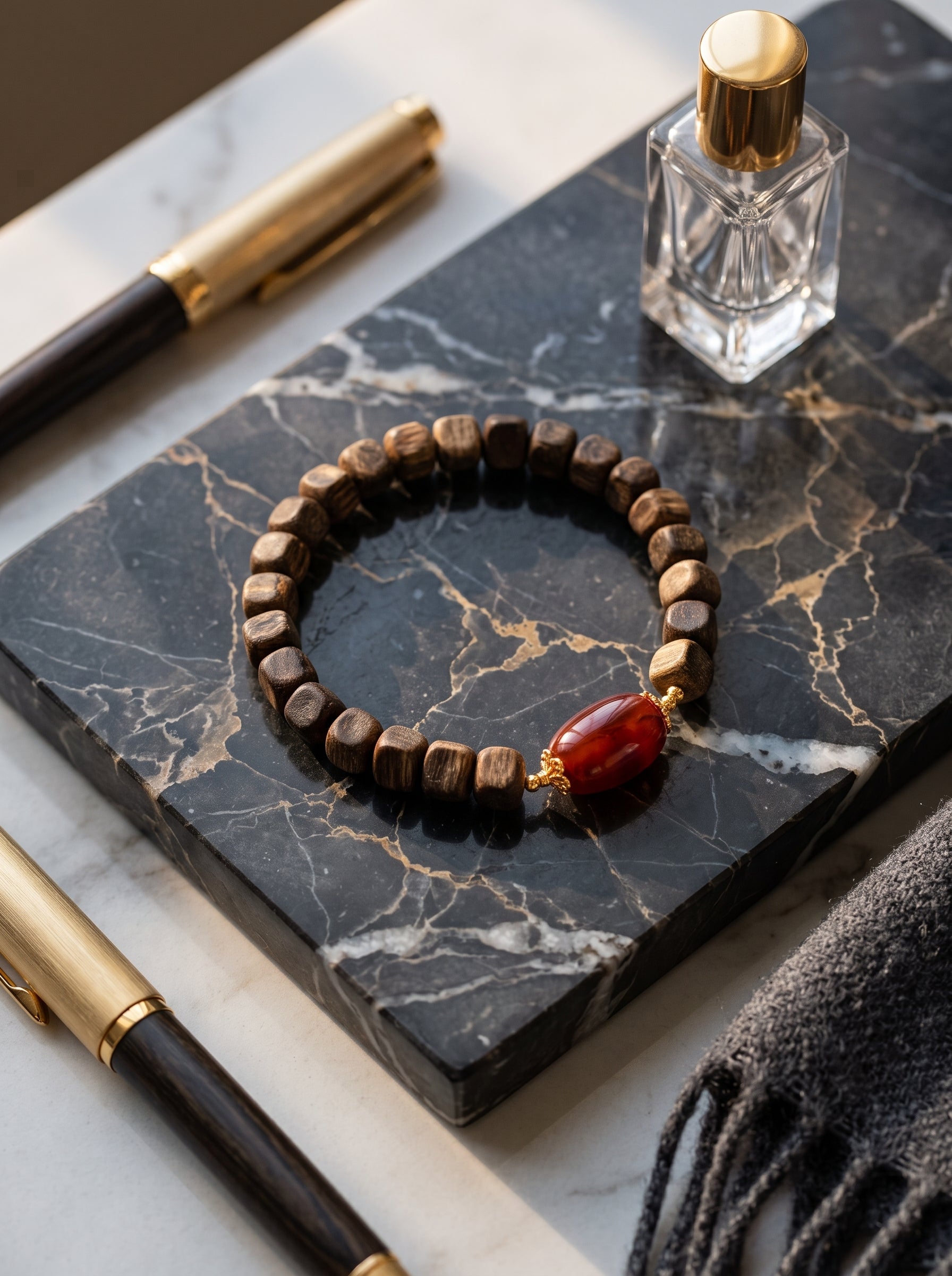 ❤️ The Embers of Sovereignty | Ultra-Premium Wild Kinam Agarwood & Flame Southern Red Agate Beaded Bracelet