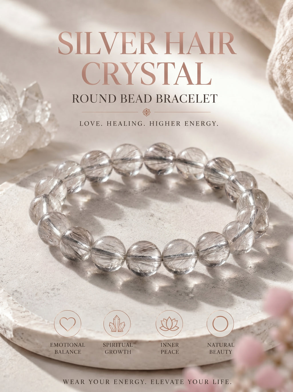 Premium Silver Rutilated Quartz Beaded Bracelet | Hand-Polished Natural Gemstone Jewelry for Wisdom & Confidence