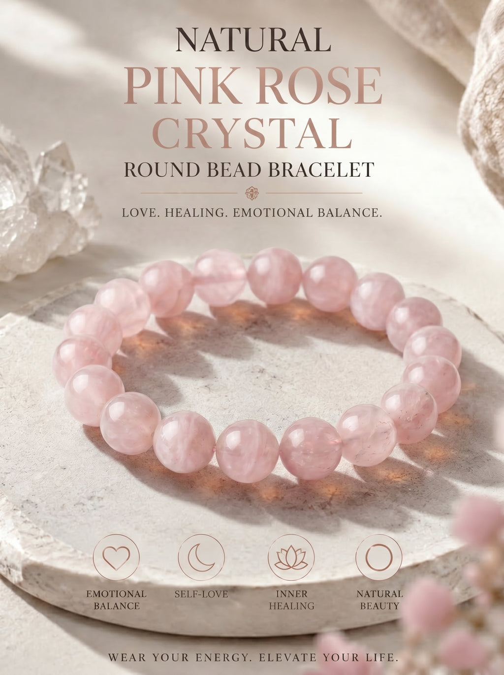 Premium Mozambique Rose Quartz Beaded Bracelet | Hand-Polished Natural Gemstone Jewelry for Inner Peace & Balance