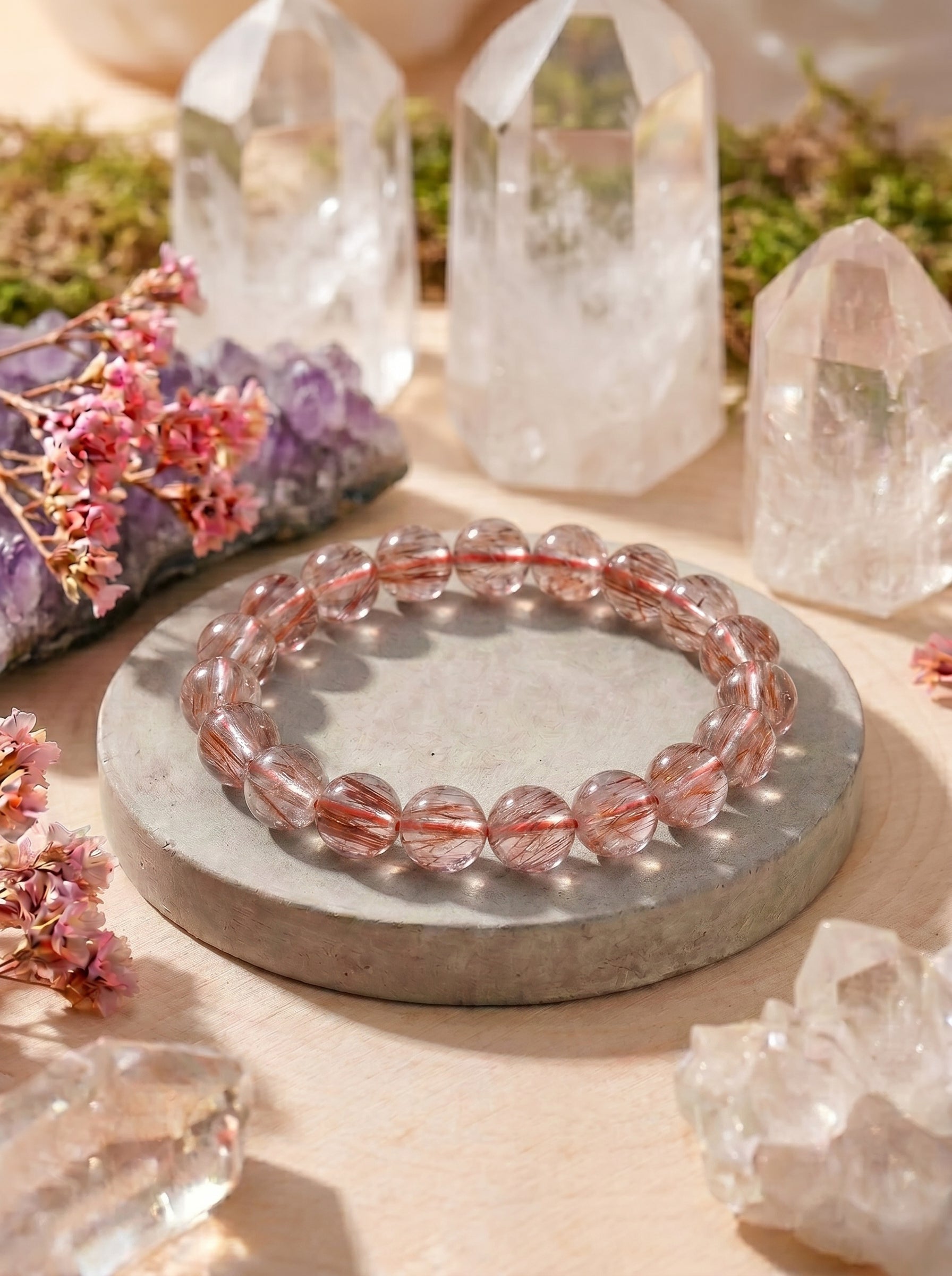 Premium Red Rutilated Quartz Beaded Bracelet | Hand-Polished Natural Gemstone Jewelry for Power & Prosperity