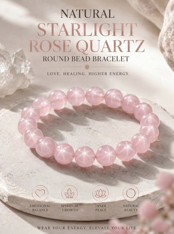Premium Star Rose Quartz Beaded Bracelet | Hand-Polished Natural Gemstone Jewelry for Attraction & Inner Peace