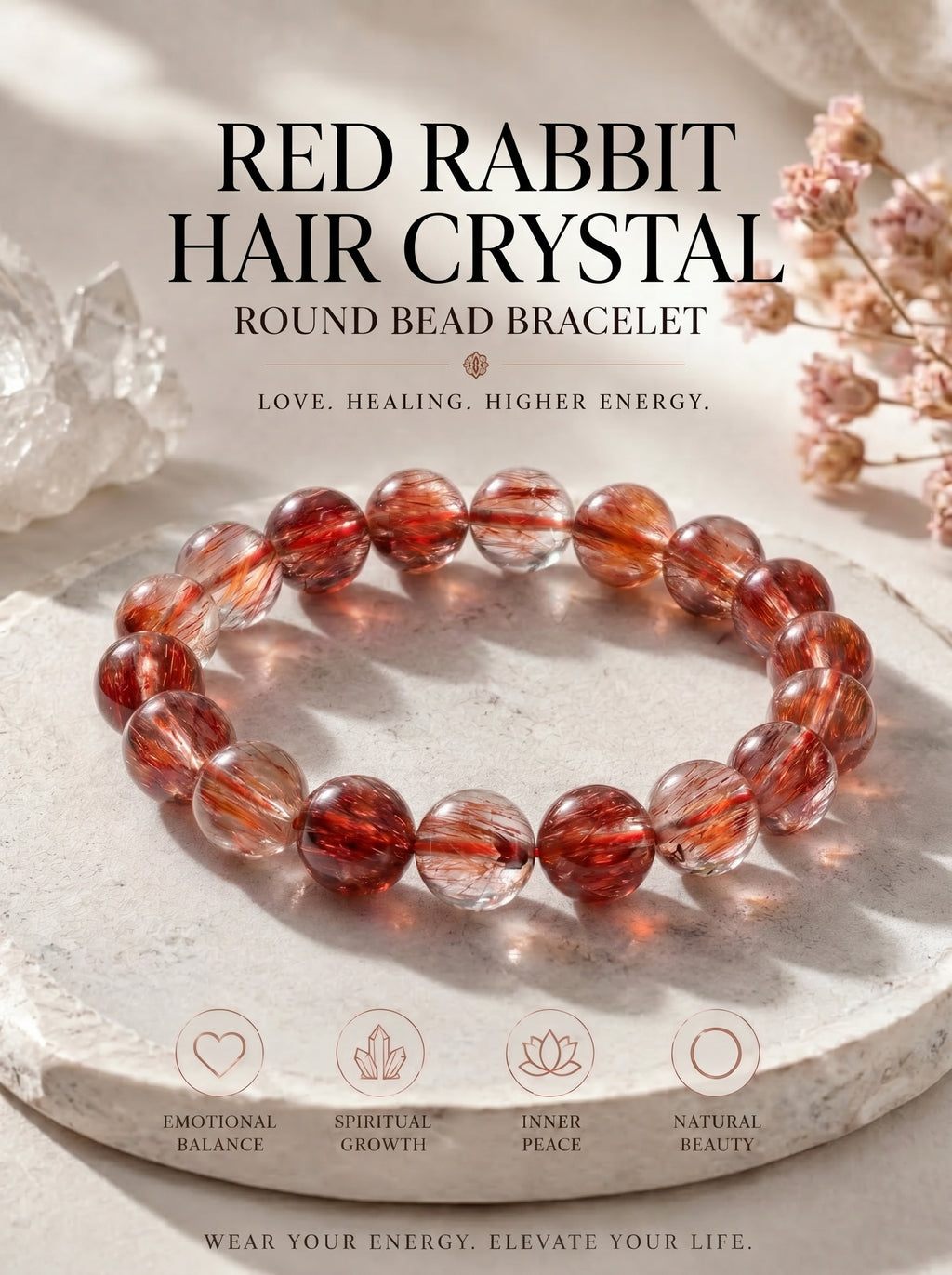 Premium Red Rabbit Hair Quartz Beaded Bracelet | Hand-Polished Natural Gemstone Jewelry for Energy & Radiance