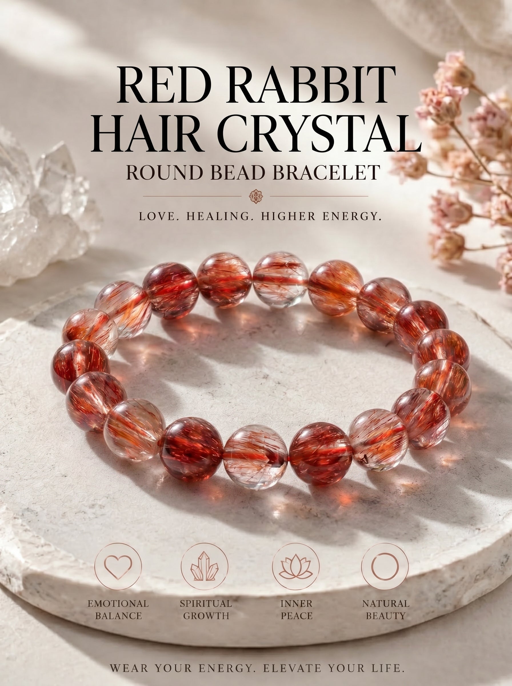 Premium Red Rabbit Hair Quartz Beaded Bracelet | Hand-Polished Natural Gemstone Jewelry for Energy & Radiance