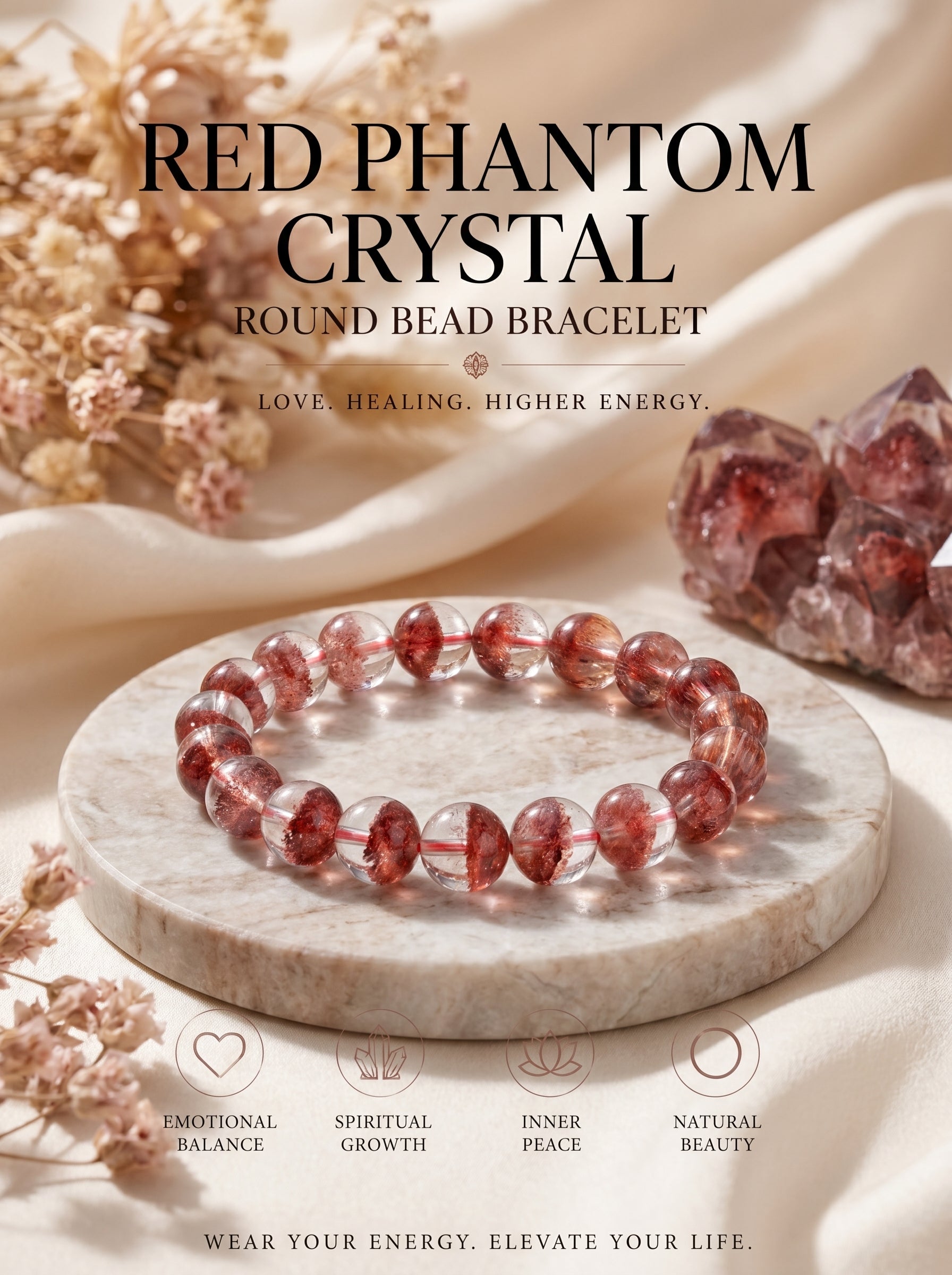 Premium Red Phantom Quartz Beaded Bracelet | Hand-Polished Natural Crystal Jewelry for Wealth & Passion