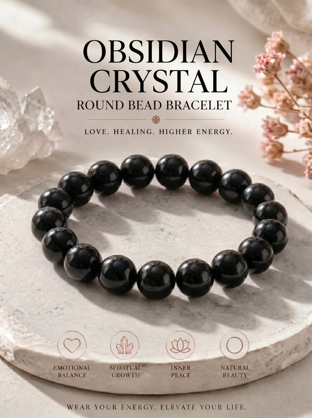 Premium Black Obsidian Beaded Bracelet | Hand-Polished Natural Gemstone Jewelry for Energy Cleansing