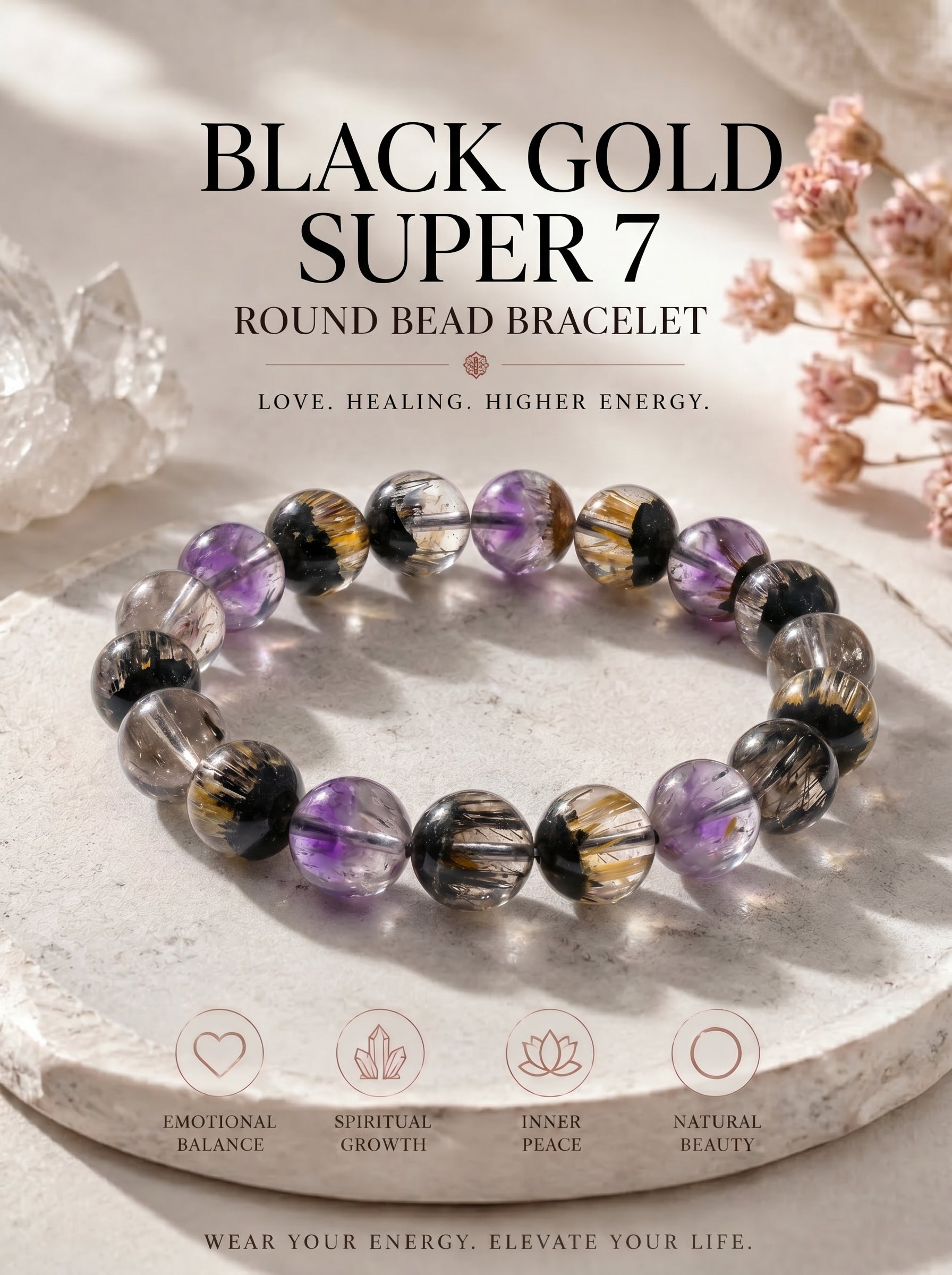 Premium Black Gold Super Seven Beaded Bracelet | Hand-Polished Natural Gemstone Jewelry for Wisdom & Balance