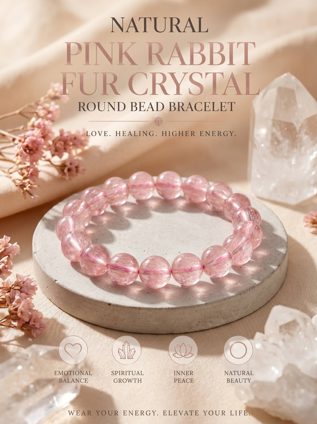Premium Pink Rabbit Hair Quartz Beaded Bracelet | Hand-Polished Natural Gemstone Jewelry for Softness & Grace