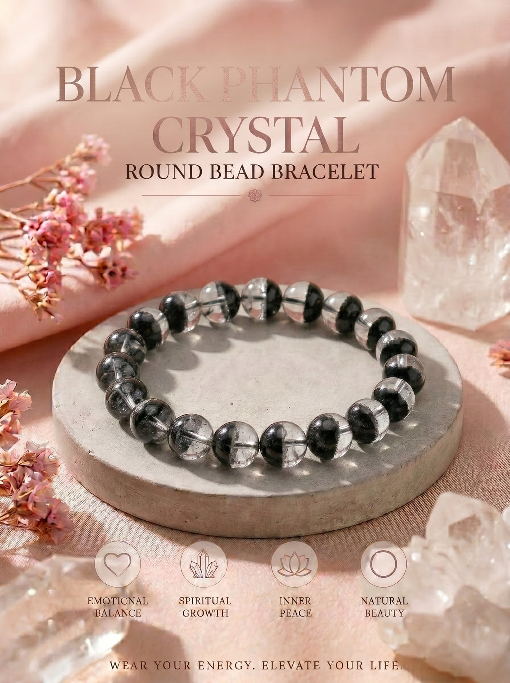 Premium Black Phantom Quartz Beaded Bracelet | Hand-Polished Natural Crystal Jewelry for Clarity & Protection