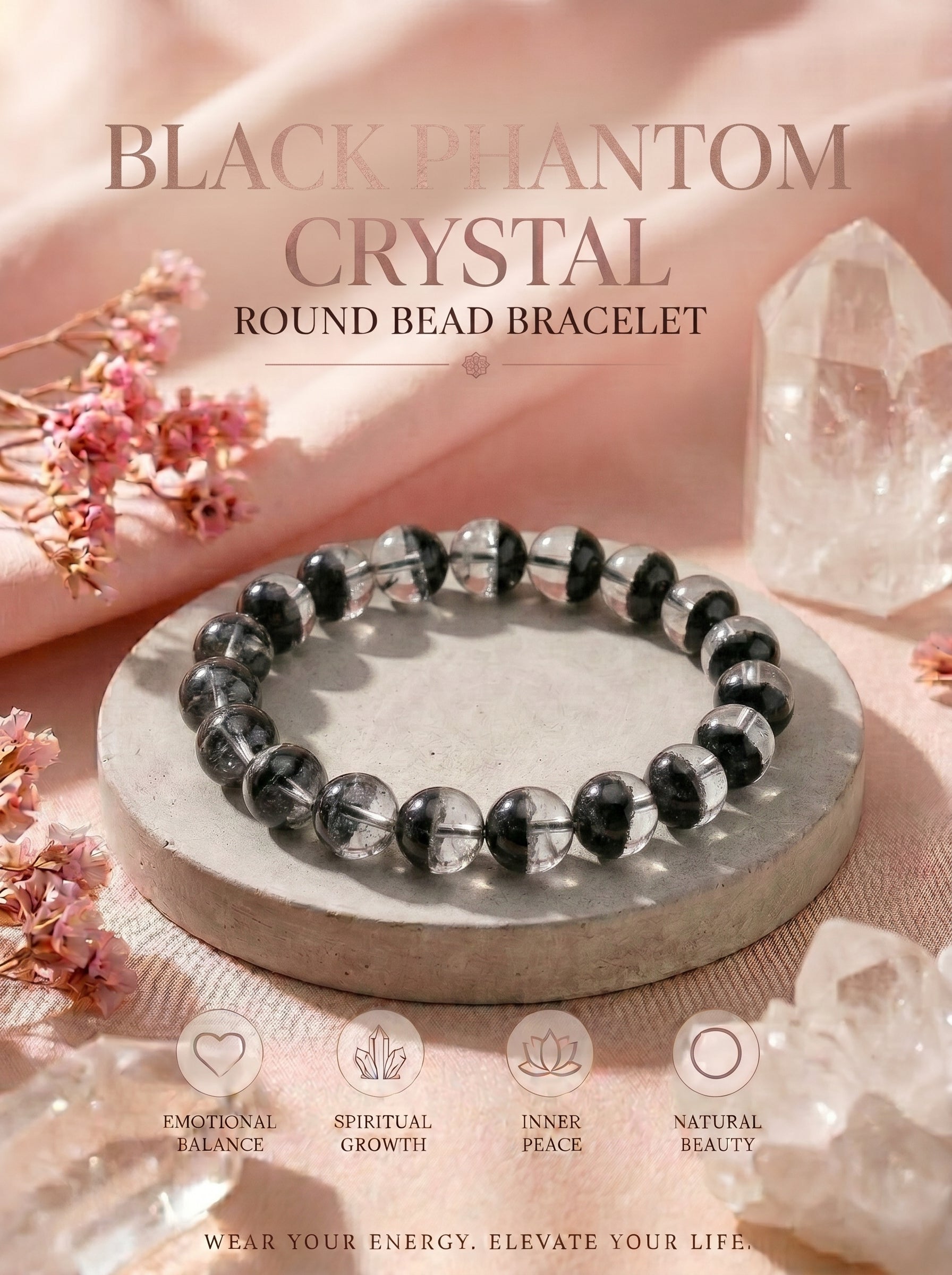 Premium Black Phantom Quartz Beaded Bracelet | Hand-Polished Natural Crystal Jewelry for Clarity & Protection
