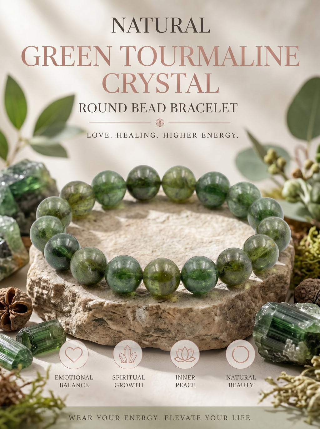 Premium Green Tourmaline Beaded Bracelet | Hand-Polished Natural Gemstone Jewelry for Harmony & Growth
