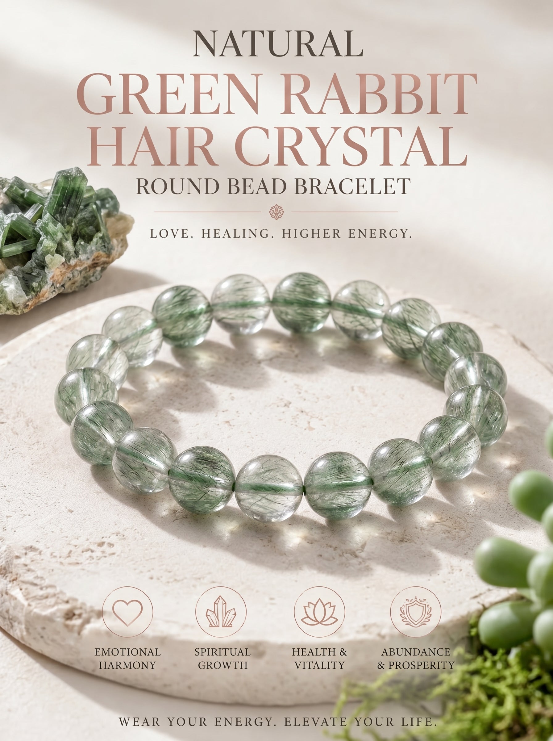 Authentic Green Rabbit Hair Quartz Bracelet | The "Stone of Vitality" | Unique Healing Crystal Jewelry