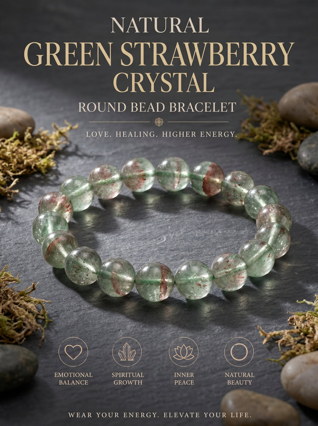 Premium Green Strawberry Quartz Beaded Bracelet | Hand-Polished Natural Crystal Jewelry for Harmony & Energy
