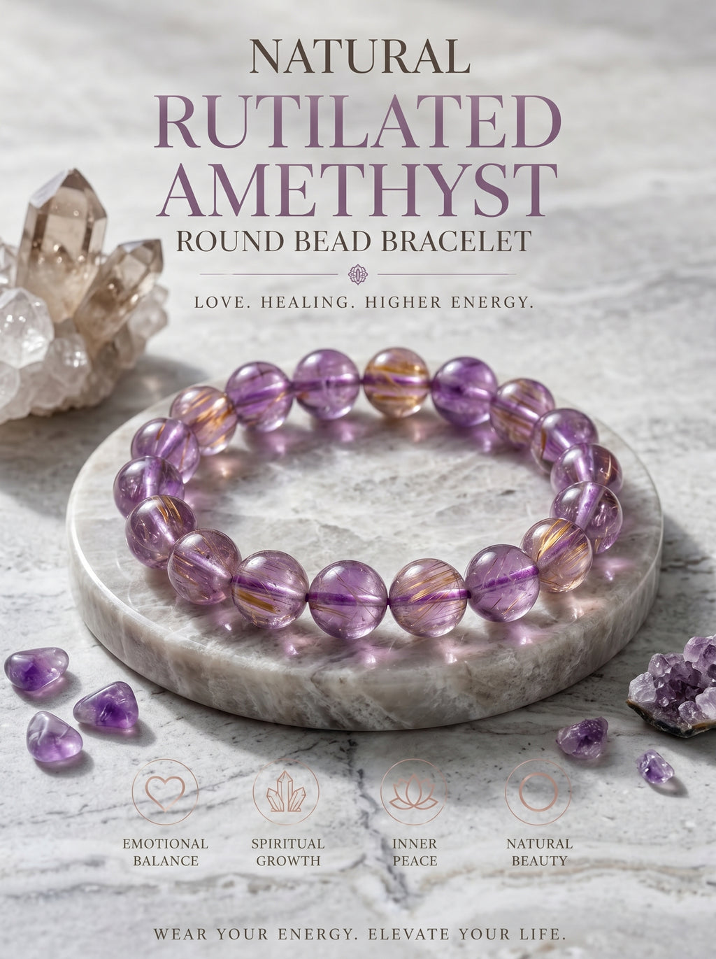 Authentic Purple Rutilated Quartz Bracelet | The "Stone of Prosperity" | Unique Healing Crystal Jewelry
