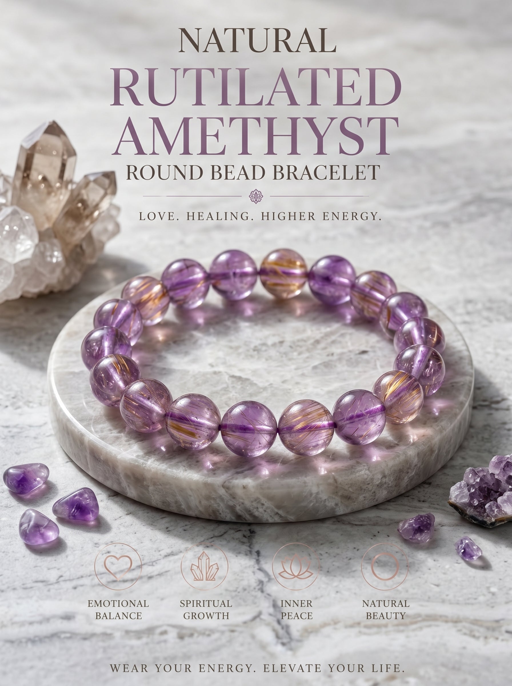Authentic Purple Rutilated Quartz Bracelet | The "Stone of Prosperity" | Unique Healing Crystal Jewelry