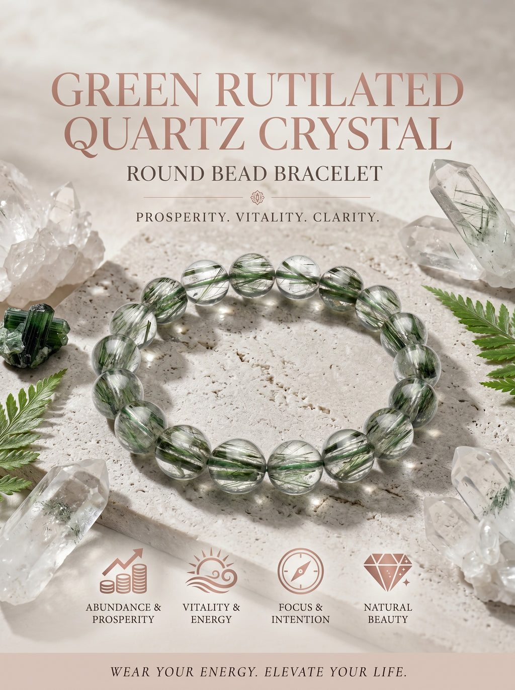 Premium Green Rutilated Quartz Beaded Bracelet | Hand-Polished Natural Gemstone Jewelry for Abundance