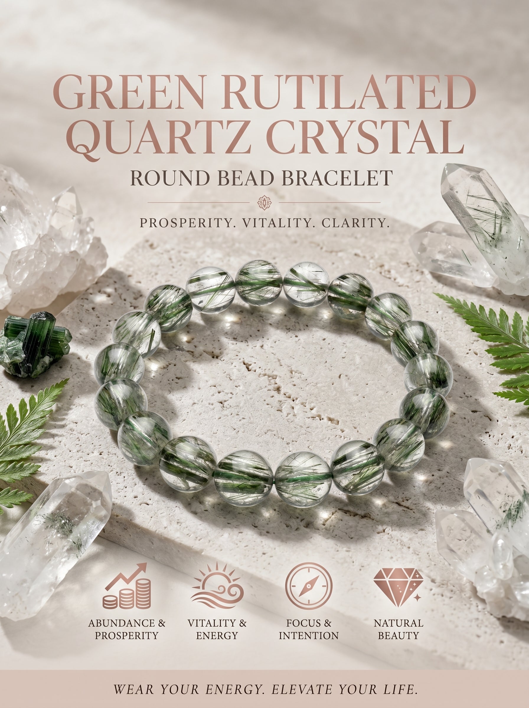 Premium Green Rutilated Quartz Beaded Bracelet | Hand-Polished Natural Gemstone Jewelry for Abundance