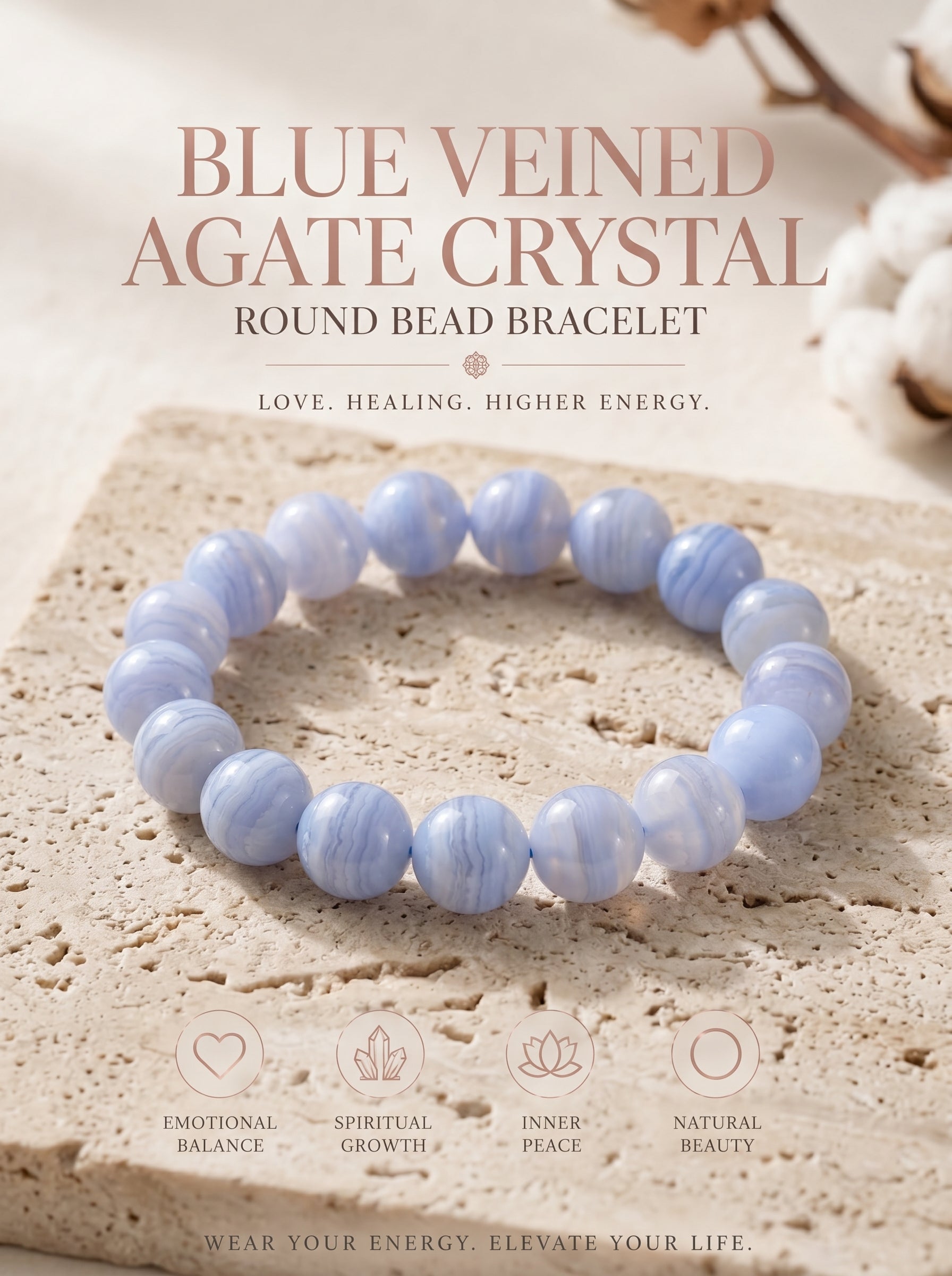 Premium Blue Lace Agate Beaded Bracelet | Hand-Polished Natural Gemstone Jewelry for Inner Peace