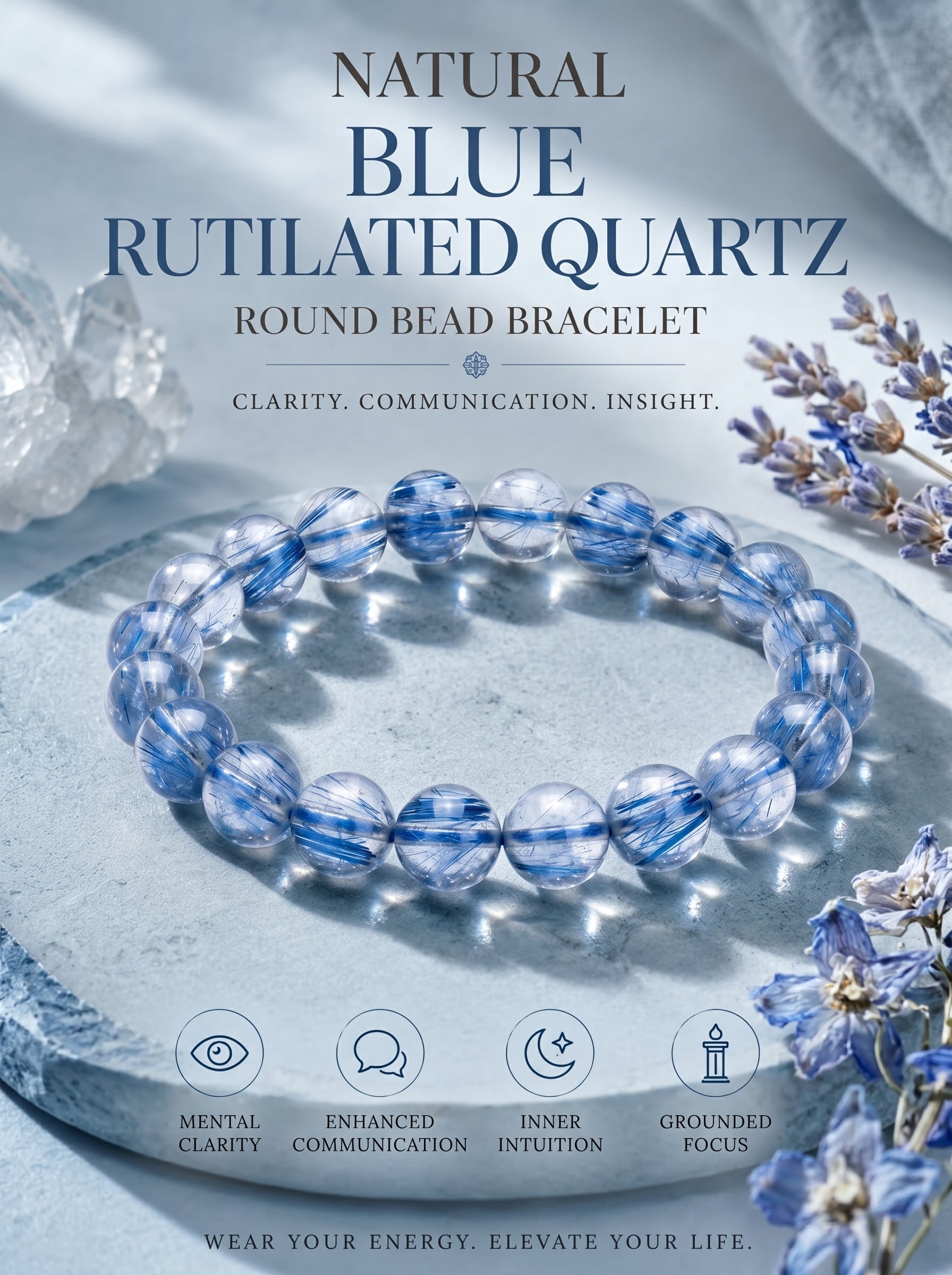 Premium Blue Rutilated Quartz Beaded Bracelet | Hand-Polished Natural Gemstone Jewelry for Abundance