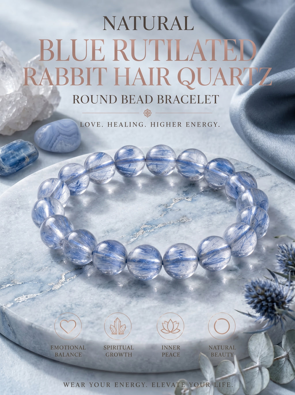 Premium Blue Rabbit Hair Quartz Beaded Bracelet | Hand-Polished Natural Gemstone Jewelry for Inner Peace & Clarity