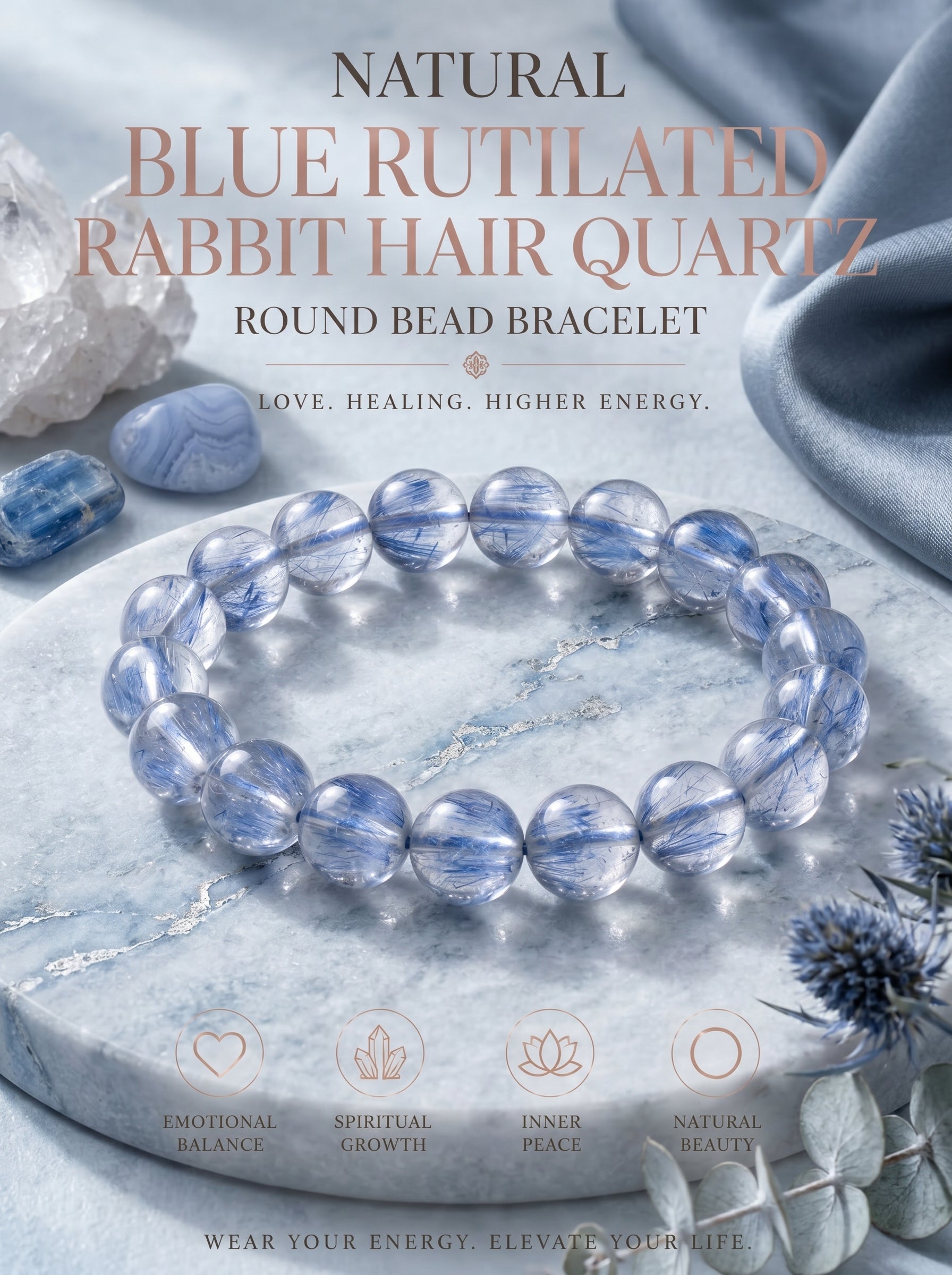 Premium Blue Rabbit Hair Quartz Beaded Bracelet | Hand-Polished Natural Gemstone Jewelry for Inner Peace & Clarity