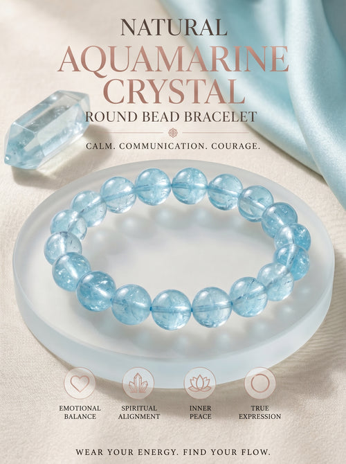 Premium Aquamarine Beaded Bracelet | Hand-Polished Natural Gemstone Jewelry for Clarity & Communication